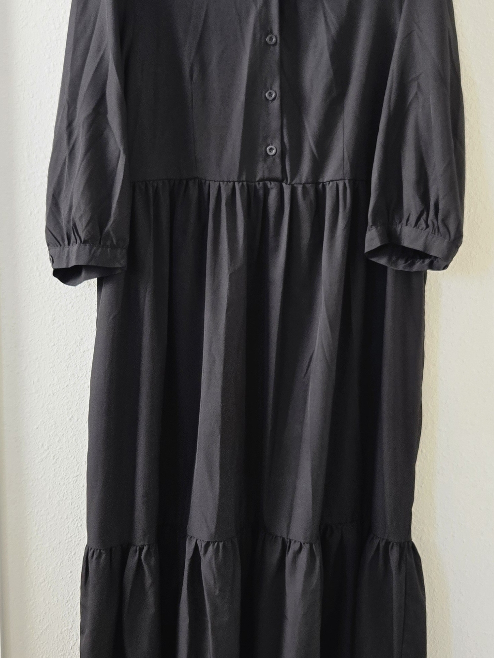 SHEIN Black Tiered Puff Sleeve Midi Maxi Shirt Dress - Size L